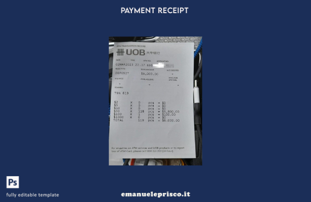 modello di distinta di pagamento bancaria Singapore Uob in stile verificato